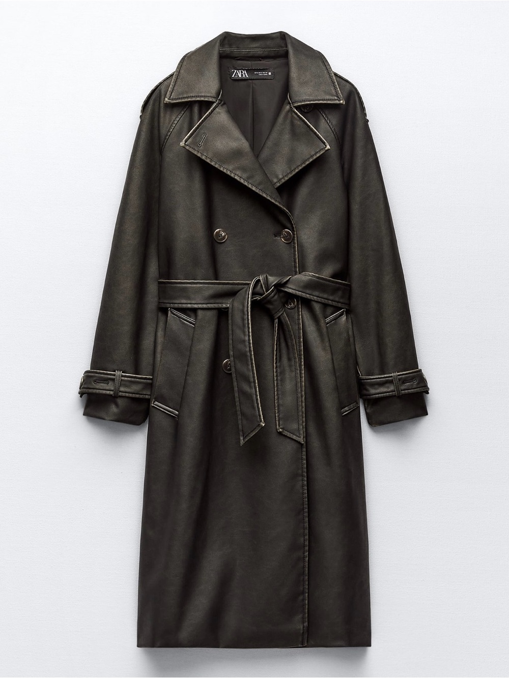 Zara Olive Green Faux-Leather Long Trench Coat with Belt